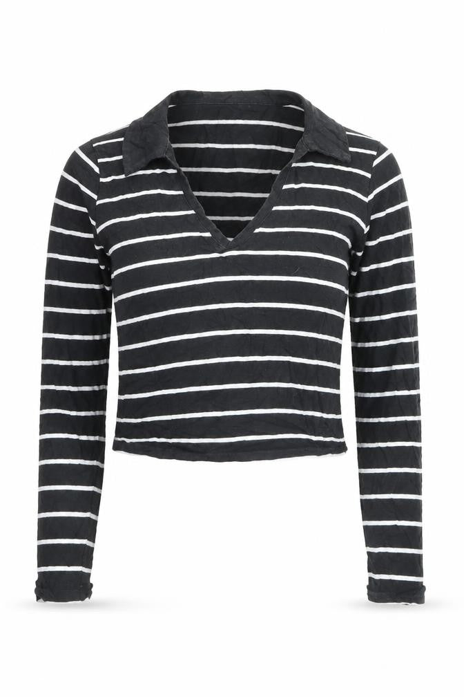 Hollister Women's Black Striped Cropped Long Sleeve T-Shirt M