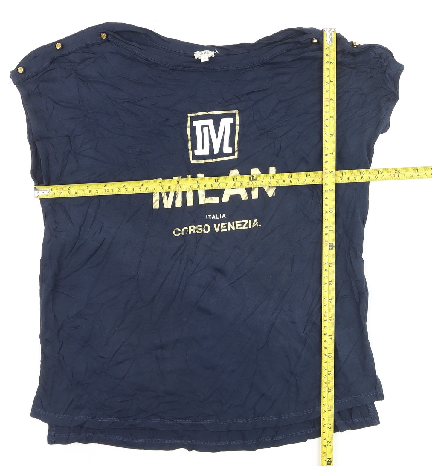 River Island Womens Blue Gold Milan Print Viscose T-Shirt Size 10