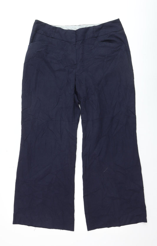 Next Women Navy Blue Linen Blend Wide-Leg Trousers Size 14R