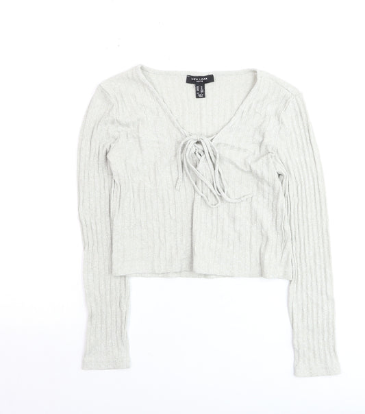 New Look Petite Grey Ribbed Tie Front Cropped Long Sleeve Top Size M