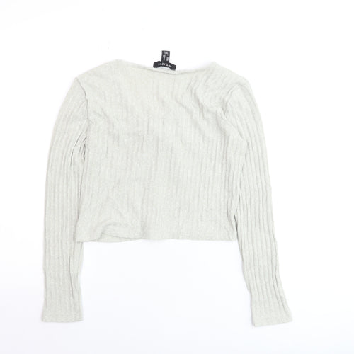 New Look Petite Grey Ribbed Tie Front Cropped Long Sleeve Top Size M
