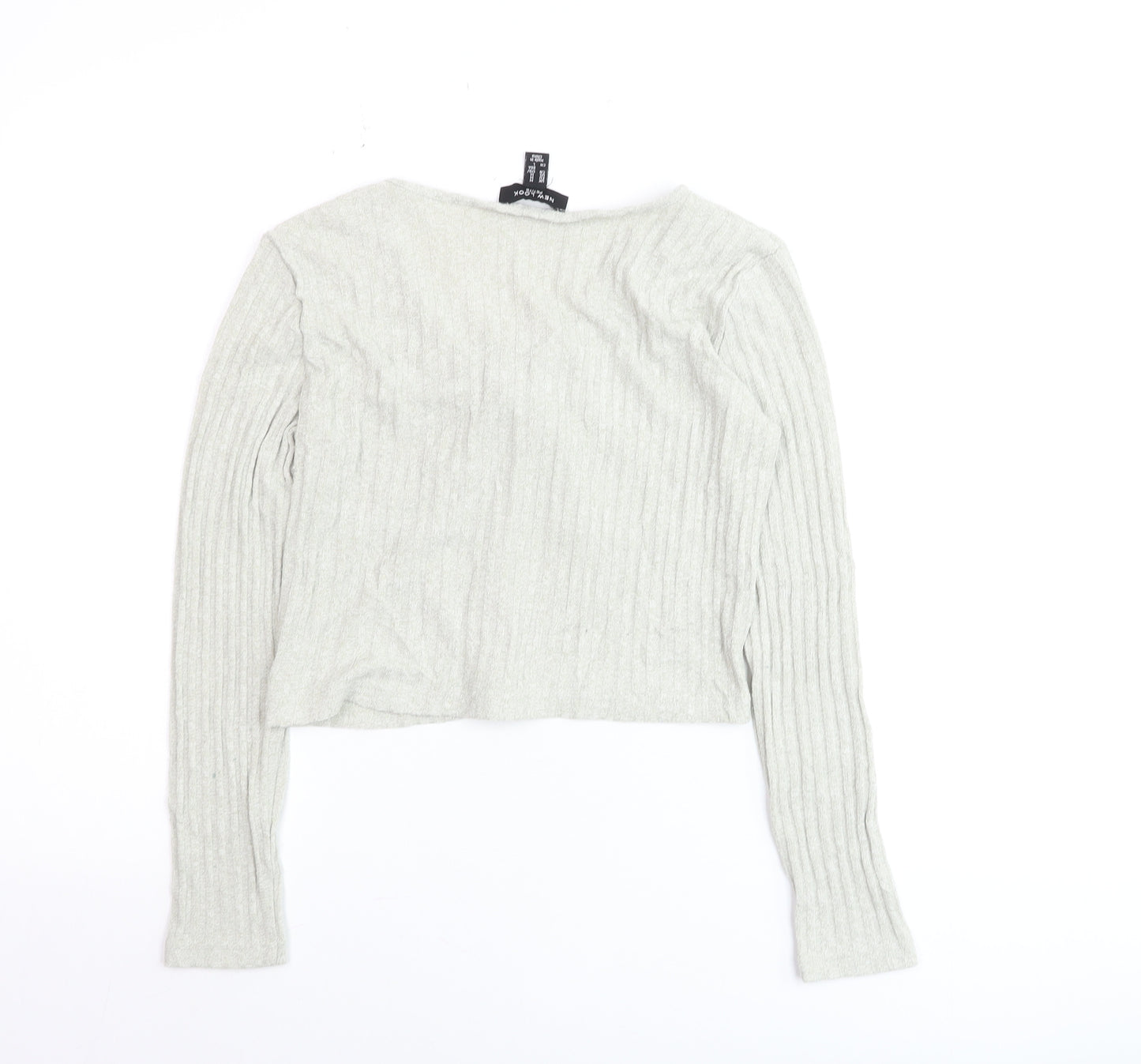New Look Petite Grey Ribbed Tie Front Cropped Long Sleeve Top Size M