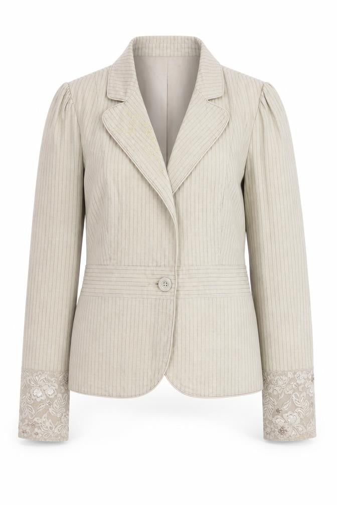 Front view of VILA Women's Beige Striped Linen Cotton Blazer M Classic Style