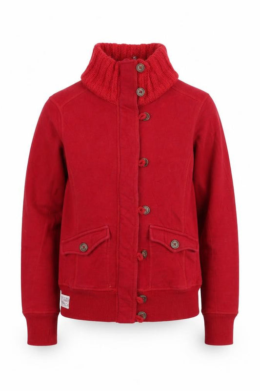 Front view of Playlife Men’s Red Cotton Bomber Jacket, size S, Button-Up Casual