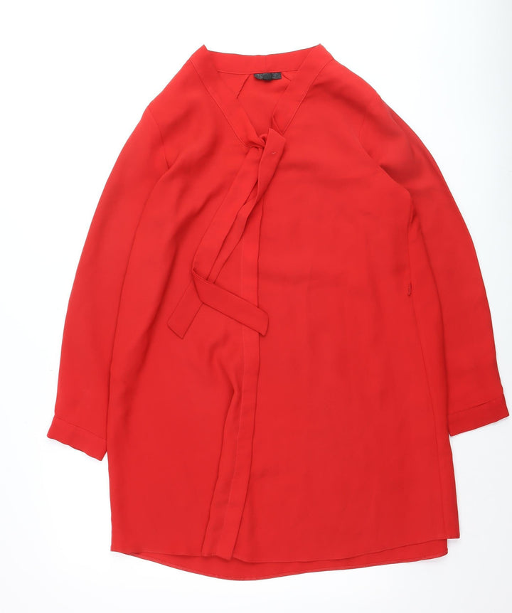 Topshop Women Red Wrap Dress UK 10 Long Sleeve V-Neck Casual