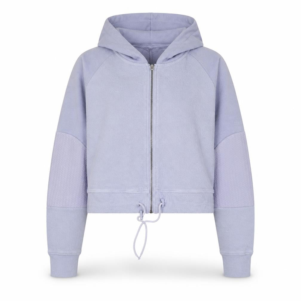 Front view of Gymshark Women Lavender Full Zip Hoodie, size L, Cotton Blend Pullover