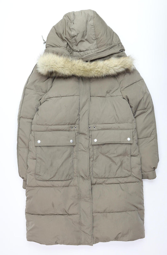 Marks and Spencer Women's Brown Faux Fur Hooded Long Parka Coat Size 10