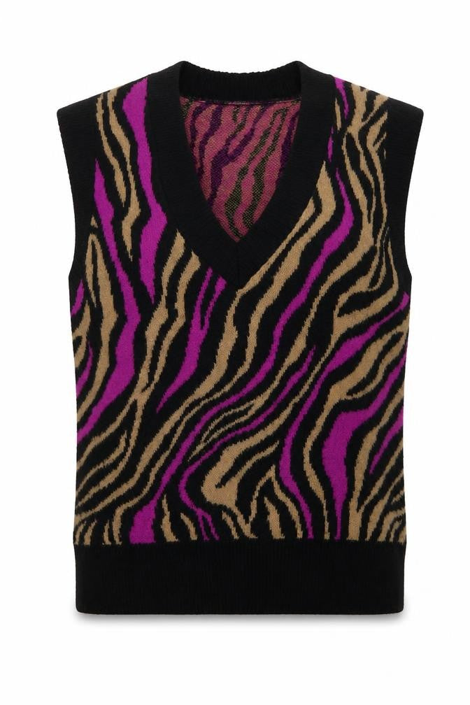 Front view of Annorlunda Women’s Multicoloured Zebra Print Wool Knit Vest, size UK 8