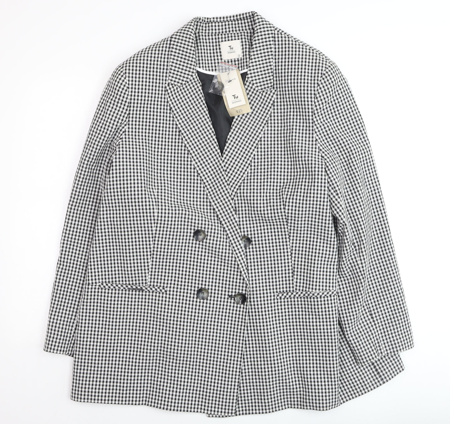Tu Woman Black Check Blazer Size 22 Lined Button Workwear Jacket