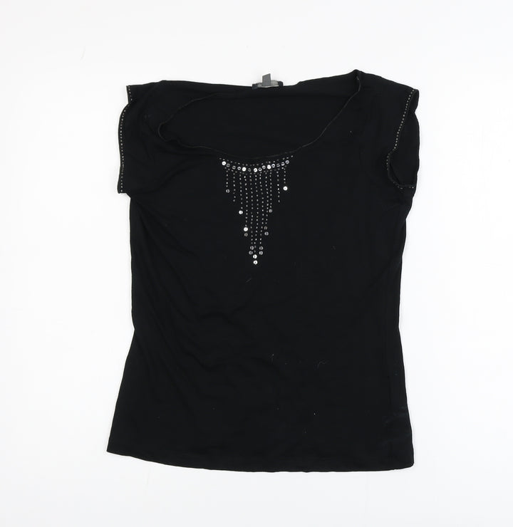Mexx Womens Black Sleeveless Rhinestone Scoop Neck T-Shirt Medium