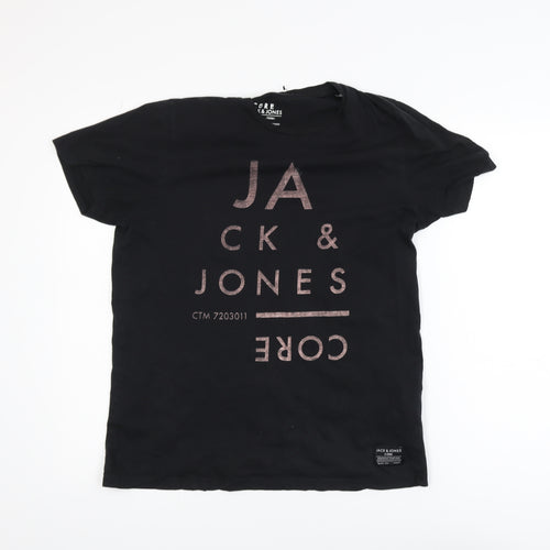 Jack & Jones Men Black Core Graphic Print Crew Neck T-Shirt Size L