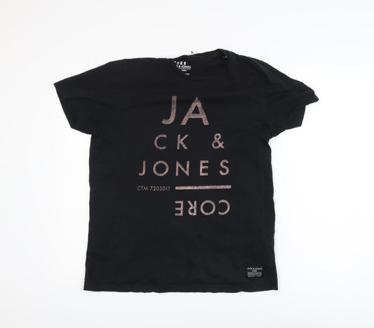 Jack & Jones Men Black Core Graphic Print Crew Neck T-Shirt Size L