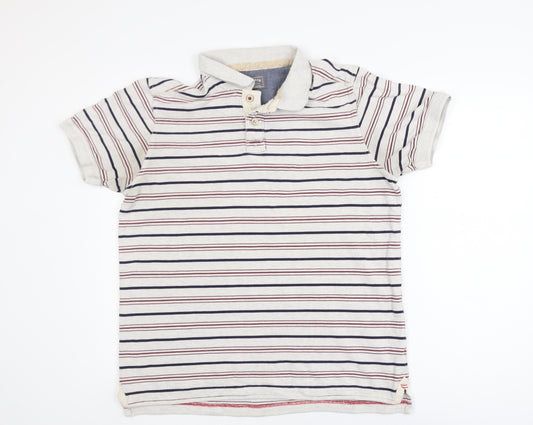 FatFace Men's Beige Striped Cotton Polo Shirt L Regular Fit