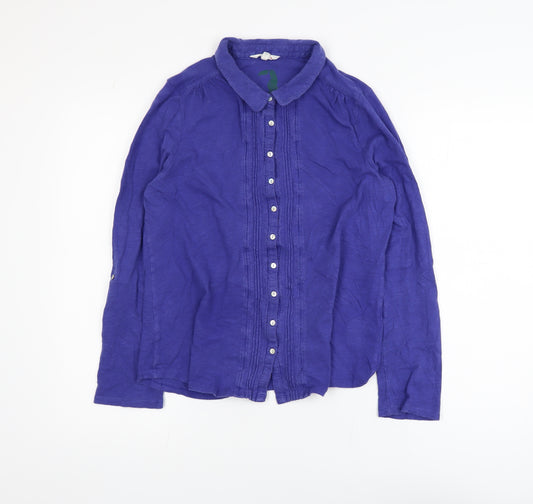 White Stuff Women's Blue Button-Up Long Sleeve 100% Cotton Shirt Size 14