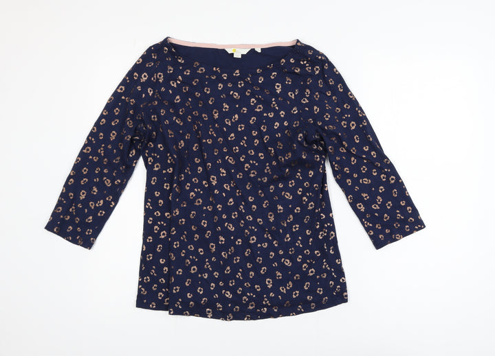 Boden Women's Blue Animal Print Boat Neck 3/4 Sleeve Cotton Modal Blouse Size 14