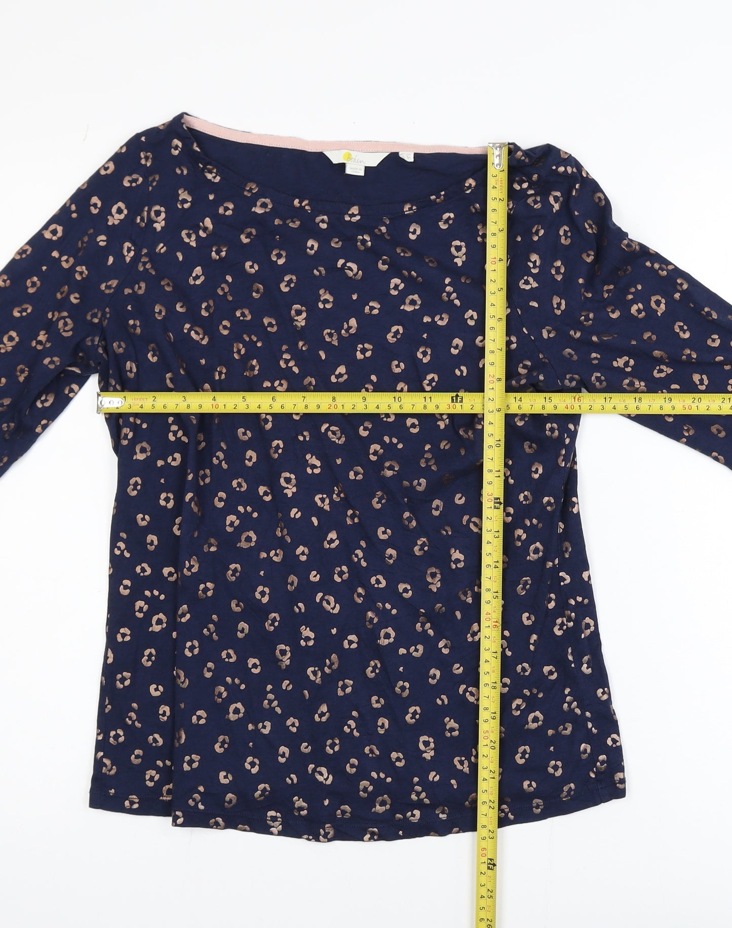 Boden Women's Blue Animal Print Boat Neck 3/4 Sleeve Cotton Modal Blouse Size 14