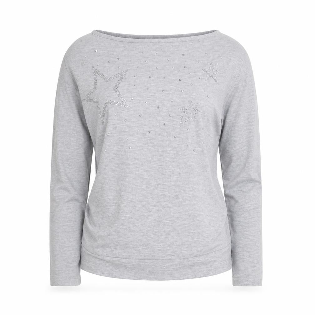 Front view of Principles Women Grey Long Sleeve Star Embellished Jersey Top, size M