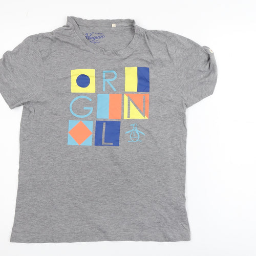 Penguin Mens Grey Graphic Print Cotton T-Shirt Size S