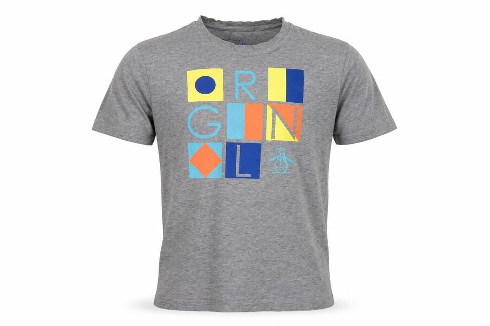 Front view of Original Penguin men’s grey graphic print cotton t-shirt, size S