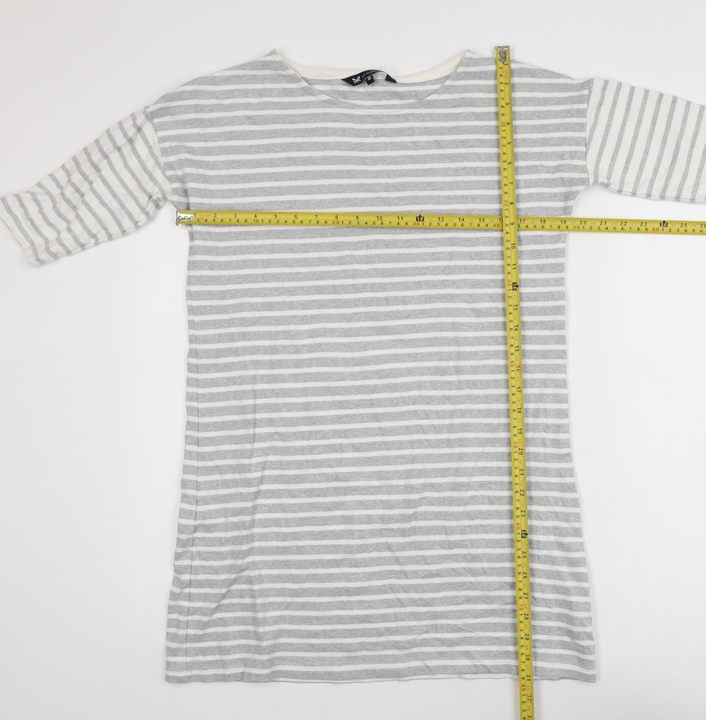 Crew Clothing Women’s Grey White Striped Cotton 3/4 Sleeve T-Shirt Size 10