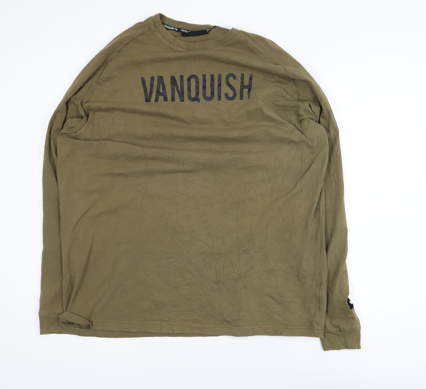 Vanquish Men's Khaki Long Sleeve Crew Neck Cotton T-Shirt Medium