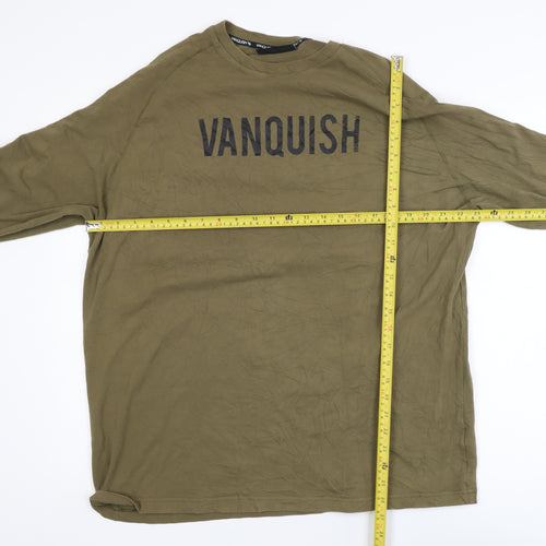 Vanquish Men's Khaki Long Sleeve Crew Neck Cotton T-Shirt Medium