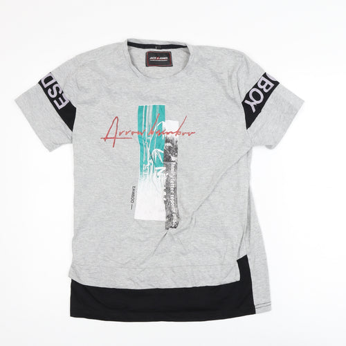 Jack & Jones Men's Grey Graphic Print Cotton T-Shirt Size M