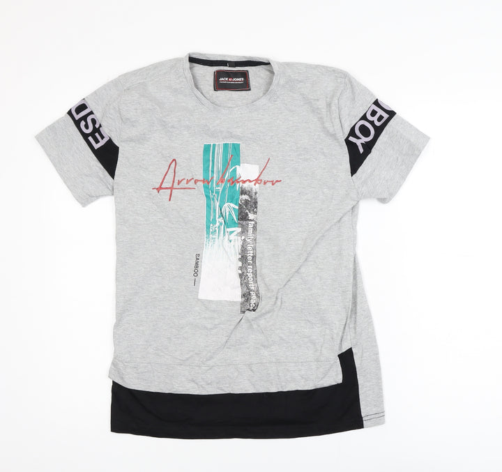 Jack & Jones Men's Grey Graphic Print Cotton T-Shirt Size M
