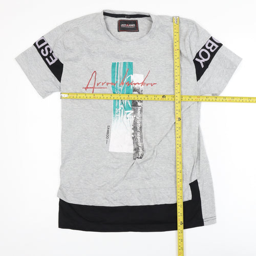 Jack & Jones Men's Grey Graphic Print Cotton T-Shirt Size M