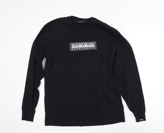 Napapijri Men’s Black Long Sleeve Cotton Crew Neck Logo T-Shirt XS