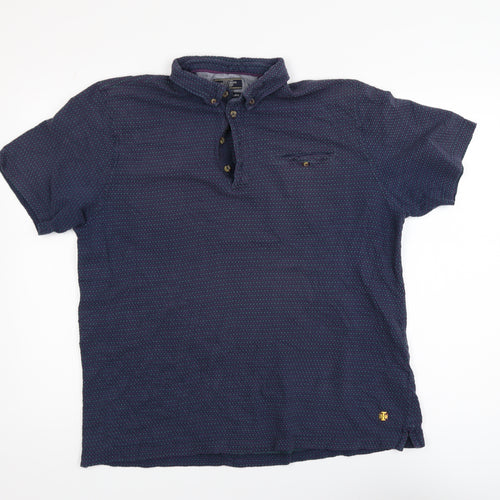White Stuff Men's Blue XL Geometric Cotton Short Sleeve Polo Shirt
