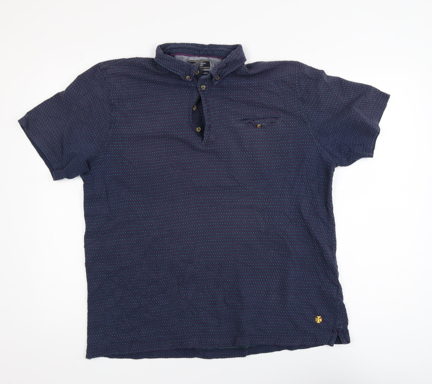 White Stuff Men's Blue XL Geometric Cotton Short Sleeve Polo Shirt