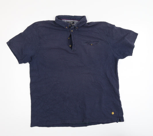 White Stuff Men's Blue XL Geometric Cotton Short Sleeve Polo Shirt