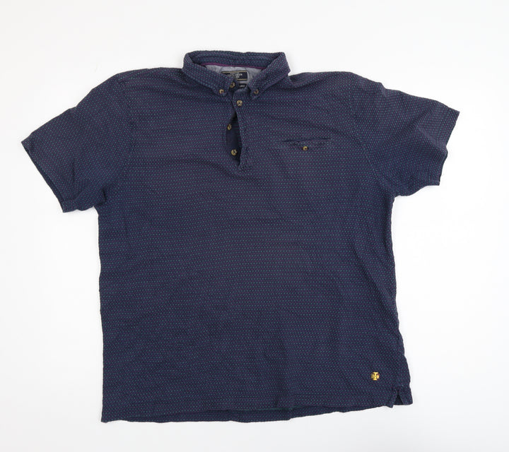 White Stuff Men's Blue XL Geometric Cotton Short Sleeve Polo Shirt