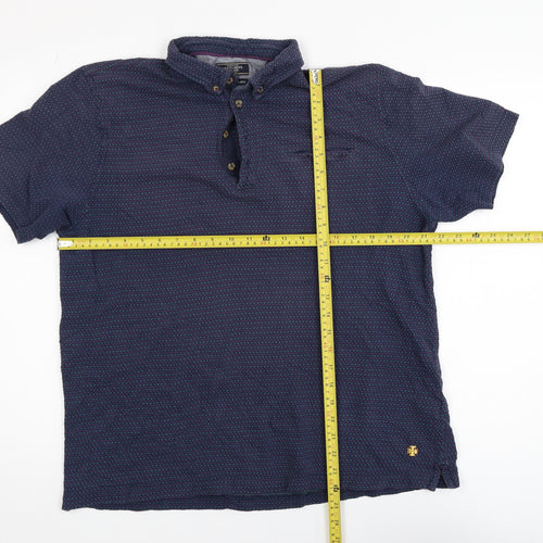 White Stuff Men's Blue XL Geometric Cotton Short Sleeve Polo Shirt