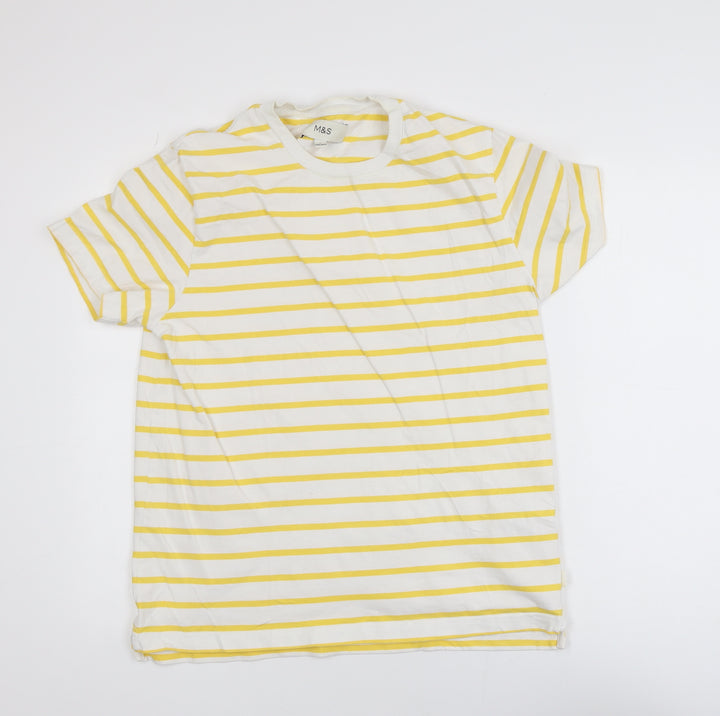 Marks and Spencer Womens Yellow Striped Cotton T-Shirt Size L