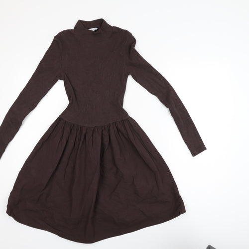 Zara Women Brown Fit & Flare Knit Dress Size 10 Long Sleeve High Neck