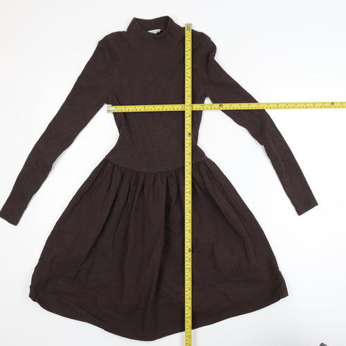 Zara Women Brown Fit & Flare Knit Dress Size 10 Long Sleeve High Neck