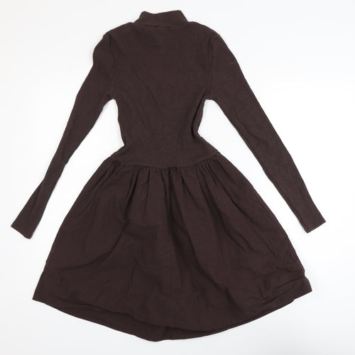 Zara Women Brown Fit & Flare Knit Dress Size 10 Long Sleeve High Neck