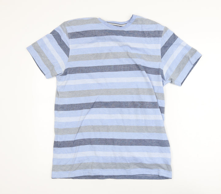 Lincoln Men's Blue Striped Crew Neck Cotton Blend T-Shirt Size M