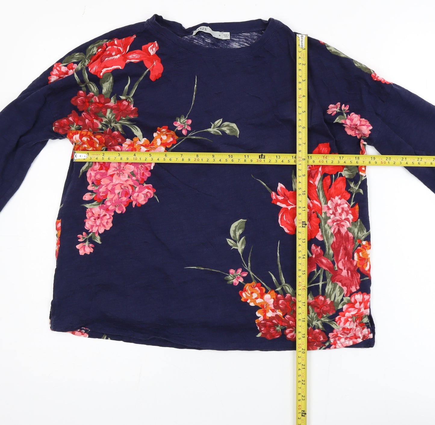 Oasis Womens Blue Floral Cotton Tunic Blouse Size M 3/4 Sleeve