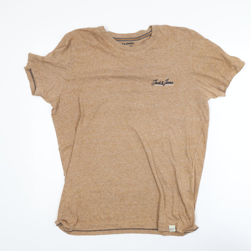 Jack & Jones Men's Beige L Crew Neck Cotton Blend T-Shirt