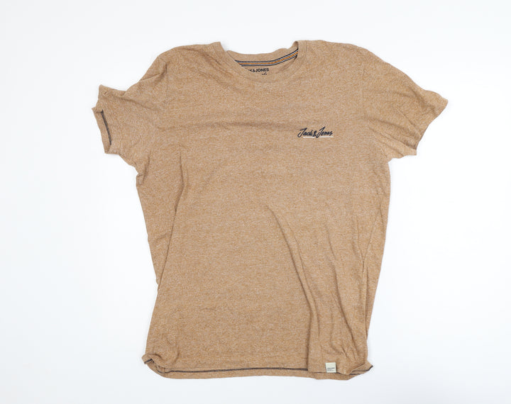 Jack & Jones Men's Beige L Crew Neck Cotton Blend T-Shirt