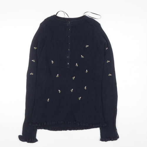 Next Women Navy Blue Floral Embroidered Henley Jumper Size 12 Long Sleeve