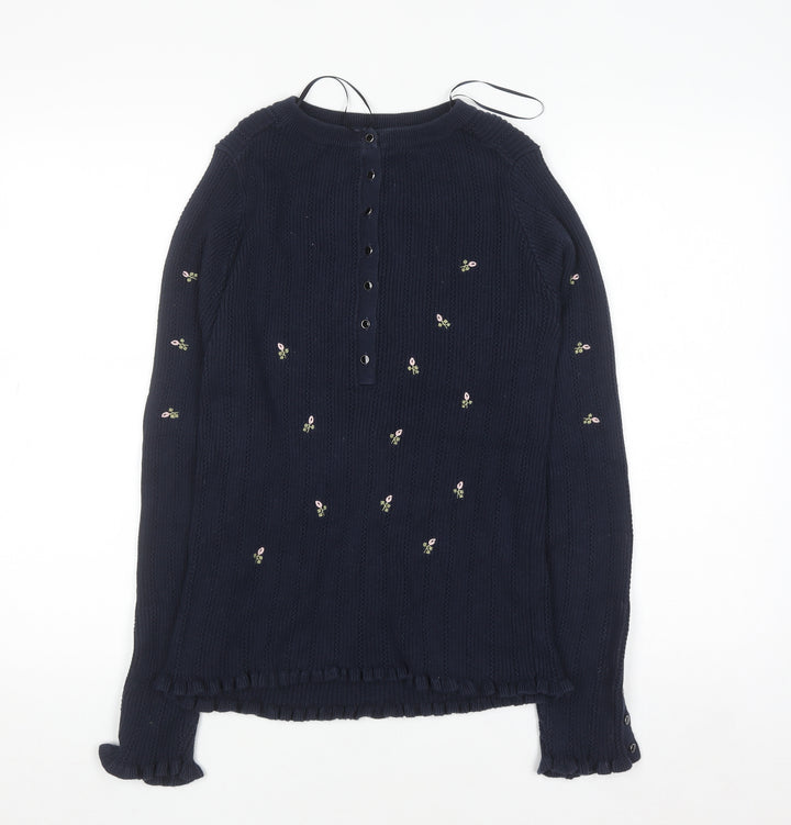 Next Women Navy Blue Floral Embroidered Henley Jumper Size 12 Long Sleeve