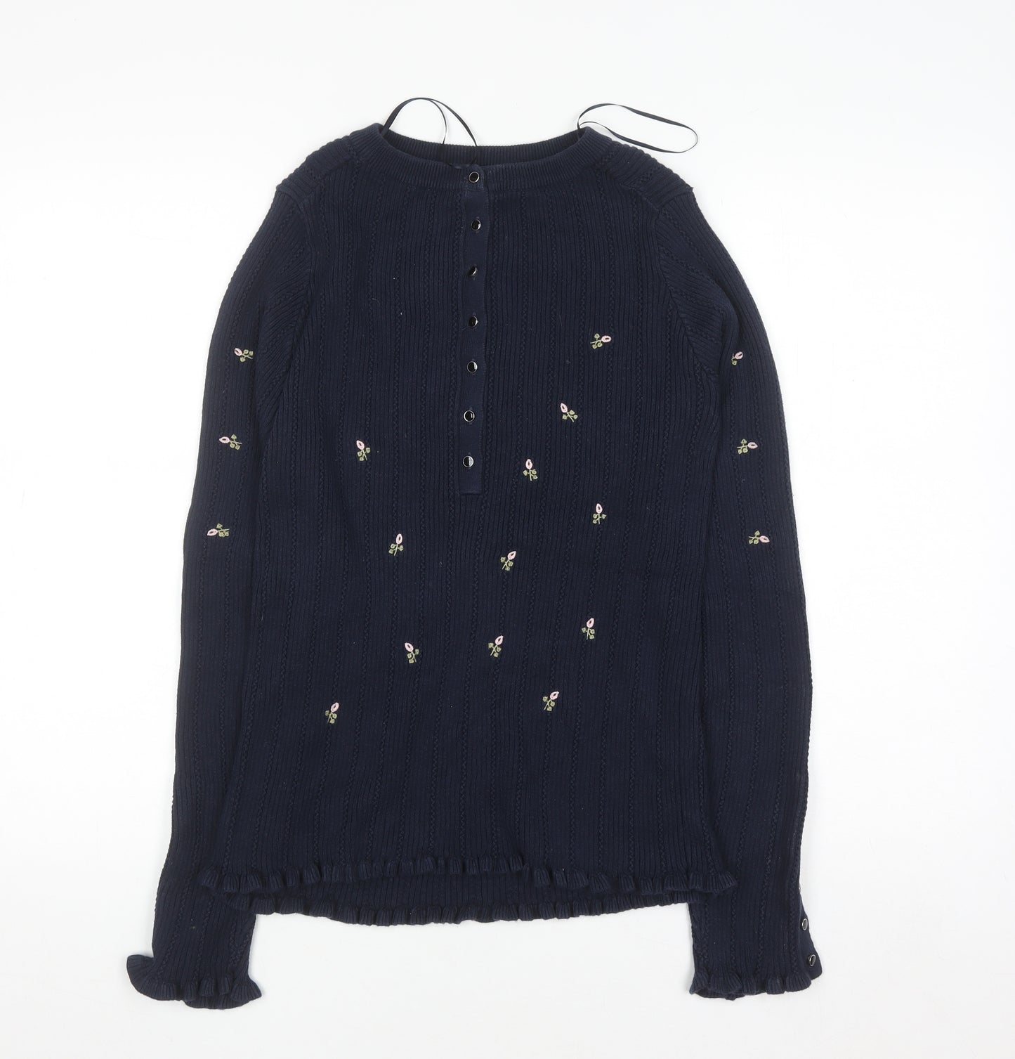 Next Women Navy Blue Floral Embroidered Henley Jumper Size 12 Long Sleeve