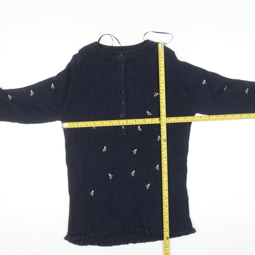 Next Women Navy Blue Floral Embroidered Henley Jumper Size 12 Long Sleeve