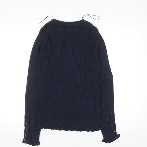 Next Women Navy Blue Floral Embroidered Henley Jumper Size 12 Long Sleeve