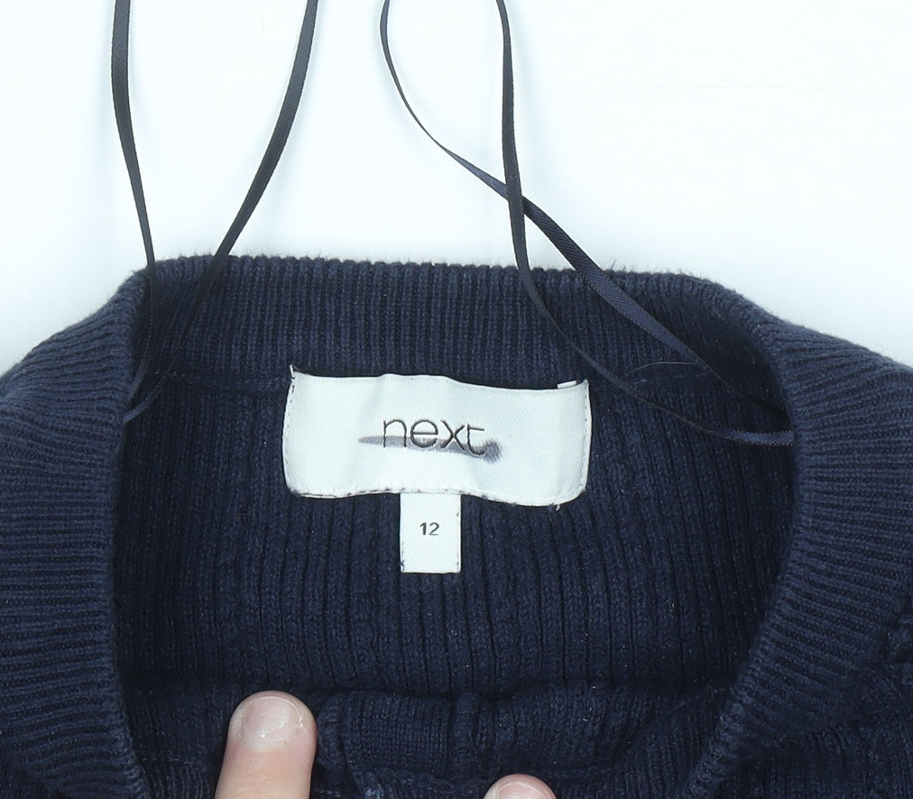 Next Women Navy Blue Floral Embroidered Henley Jumper Size 12 Long Sleeve