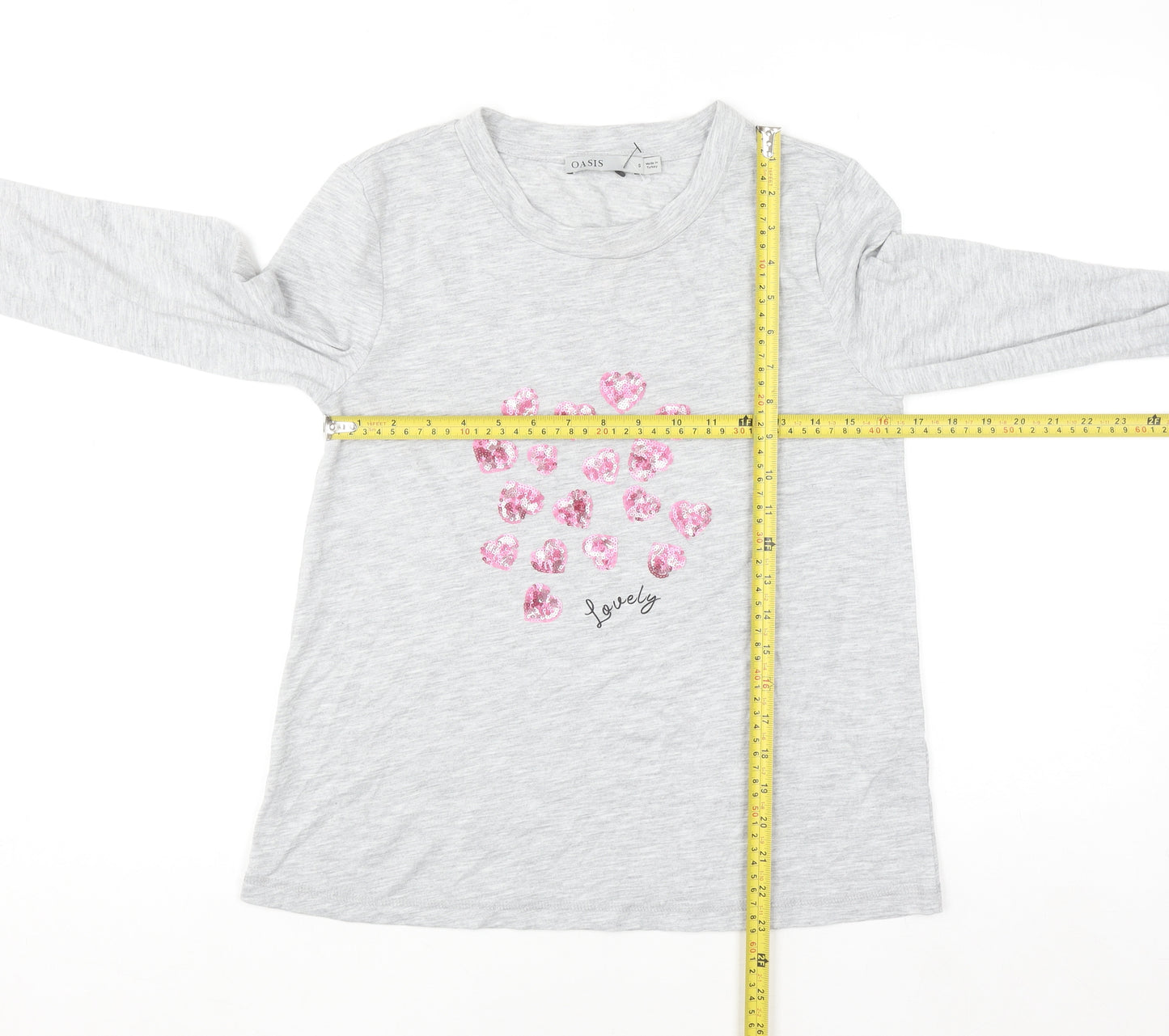 Oasis Women’s Grey Sequin Heart Long Sleeve T-Shirt Size S